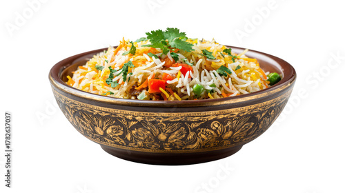 A bowl of rice and vegetables with a gold rim