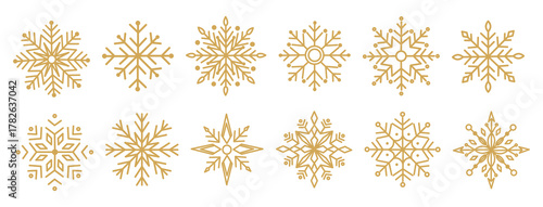Golden snowflakes set. Elegant winter decoration for Christmas and New Year design. Festive seasonal symbols in minimal flat style. Vector illustration isolated on white background.