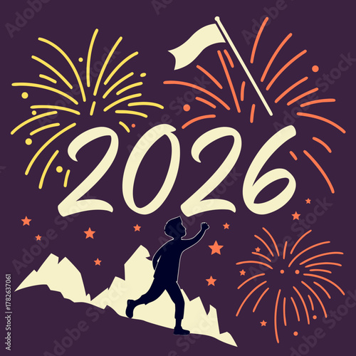 2026 New Year Mountain Climb with Fireworks and Flag summit vector
