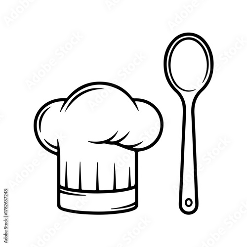 Professional chef's hat and spoon simple outline graphic for culinary inspiration