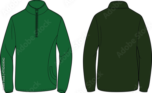 Pullover jacket front and back, green fleece illustration, quarter zip clothing sketch, garment design template, cad drawing flat vector illustration