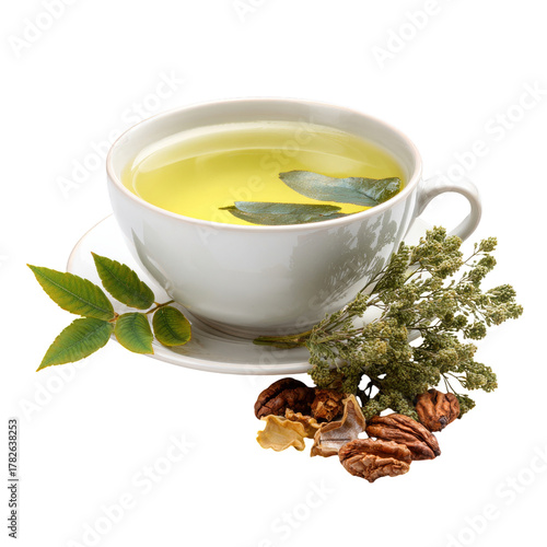 Herbal Tea in a White Cup With Leaves and Nuts on a Clean Table