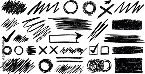 Collection of hand drawn black ink scribbles lines circles crosses checkmarks and arrows on white background