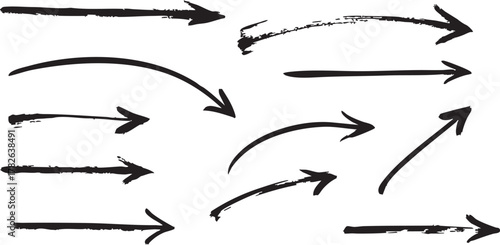 Collection of rough black arrows created using grunge brush strokes pointing horizontally and diagonally for graphic design