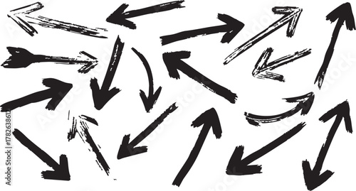 Grunge style brush stroke arrow shapes collection indicating forward backward and curved movement for artistic directional signage