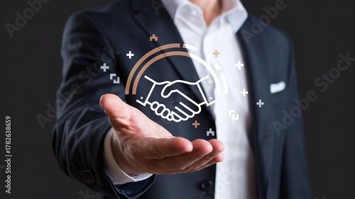 Businessman Showing Digital Handshake Hologram Representing Partnership and Trust
