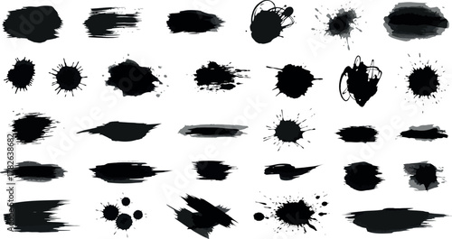 Collection of abstract black ink splatters and brush strokes on a white background