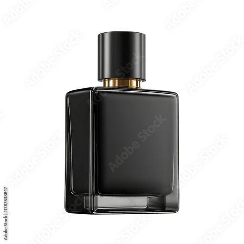Stylish Black Perfume Bottle With Sleek Design and Gold Accents on a Simple B...