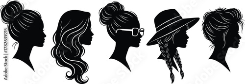 Black silhouette women profiles illustration, diverse hairstyles, fashion accessories, bun, braids, glasses, hat, short hair, beauty, style, grooming design