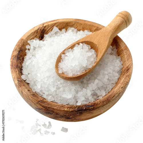 Sea Salt in Wooden Bowl With Spoon Ready for Cooking or Seasoning at Home