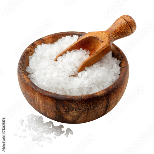 Sea Salt in a Wooden Bowl With a Scoop on a Clean Surface