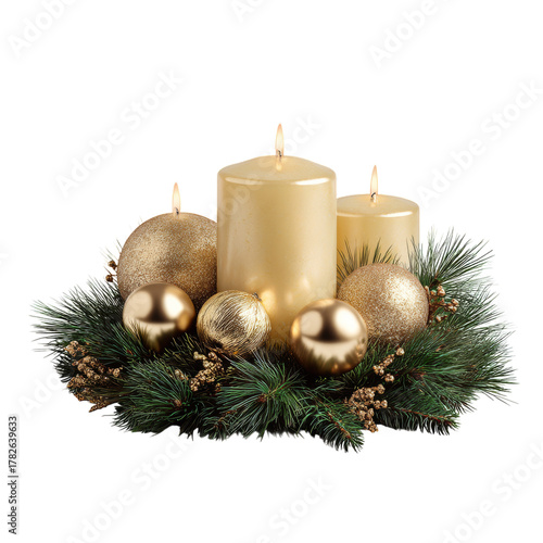Golden Holiday Candle Arrangement With Ornaments and Greenery for Festive Dec...