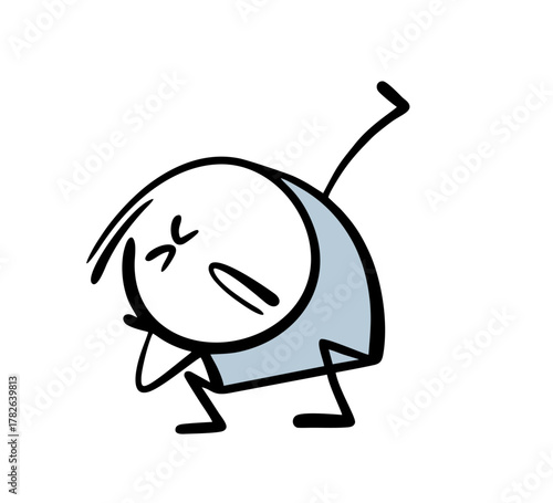 Stickman crouched down in a panic and covered himself with his hands from danger. Vector illustration of cartoon frightened man stopping an attack.