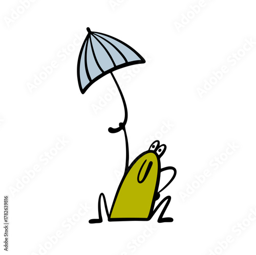Funny frog protects itself from the sun or rain with an umbrella. Vector illustration of an amphibious animal living in a swamp. Cartoon toad with a fashionable accessory.