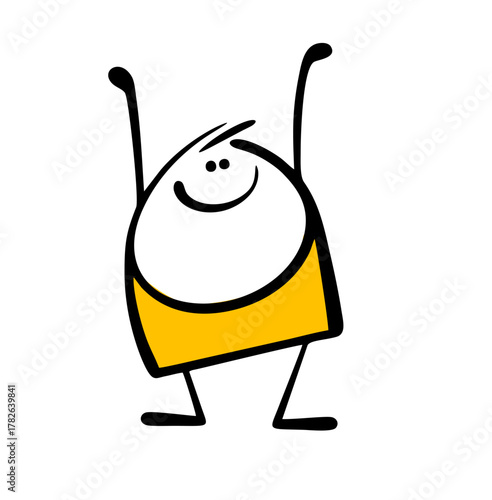 Doodle funny stickman with his hands up is doing gymnastics or holding weights. Vector illustration of a cartoon person for book design, presentations or videos.
