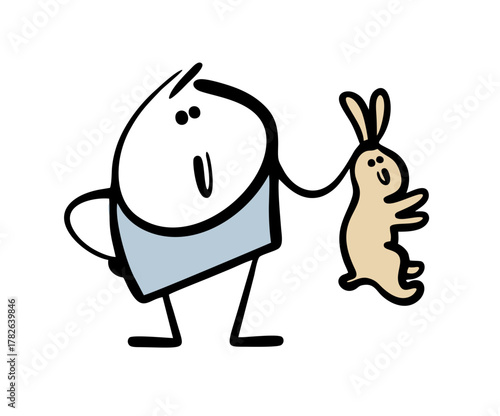 Cartoon small child and a pet. Vector illustration of a boy holding a wonderful fluffy rabbit by the ears. Stickman caught a rabbit in the forest, shows magic tricks.
