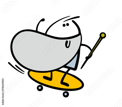 Cheerful old man is playing sports, riding a skateboard along the road, waving a cane. Vector illustration of a modern grandfather with a long gray beard, active lifestyle.