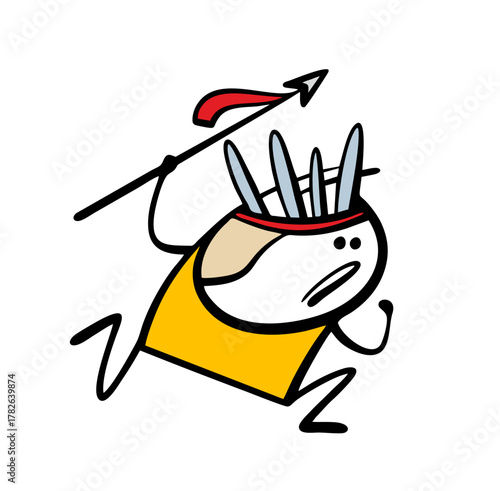 An Indian from a wild North American tribe runs with a spear at the enemy. Vector illustration of a stickman with feathers on his head defending himself from attack, a sharp weapon in his hand.