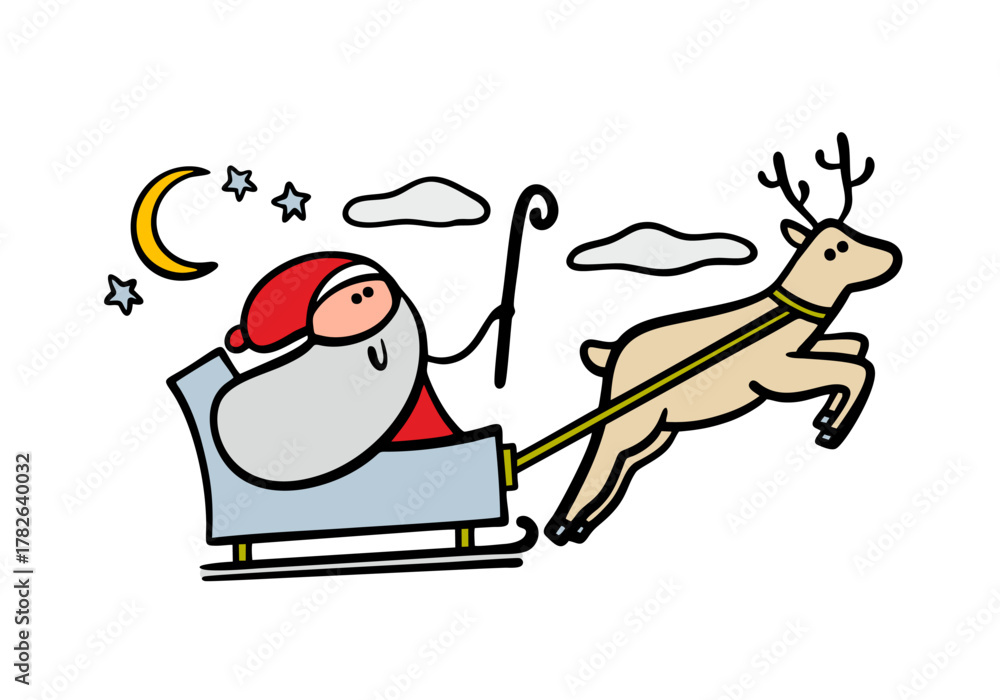 Naklejka premium Santa Claus with long gray beard rushing to children holiday, carrying Christmas gifts. Vector illustration of magical sleigh flying in sky with reindeer in sled. New Year eve night adventure.