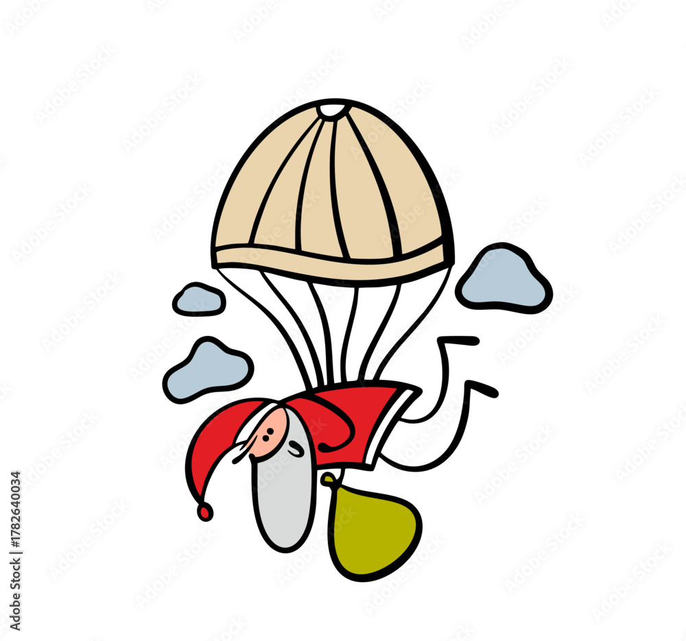 Naklejka premium Merry Christmas. Vector illustration of Santa Claus descending from the sky on a parachute carrying a large bag of gifts for children on holiday.