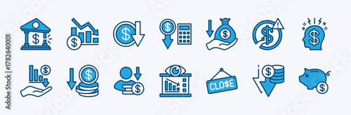 Set of bankrupt icon. Contains bank, bankruptcy, calculate loss, decline chart, dollar value down or falls, economic crisis, close, savings exhausted, depression, lost money, decrease. Vector