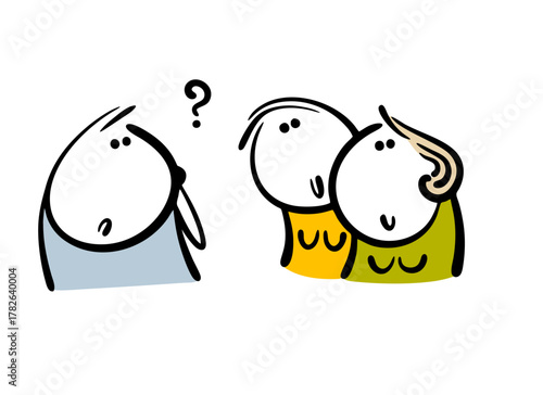 A confused cartoon man looks at two girls and does not know who to choose. Vector illustration of a love triangle, doodle red question mark and beautiful women.