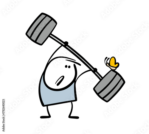 Cartoon stickman does weightlifting in the gym, lifts a very heavy barbell. Vector illustration of a cute butterfly sitting on the inventory. prevents the athlete from doing the exercise.