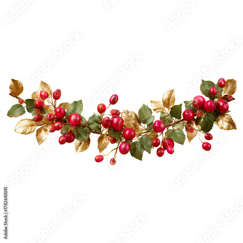 Decorative Garland With Red Berries and Golden Leaves for Holiday Decor