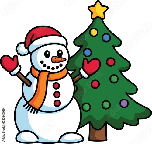 A cheerful snowman wearing a Santa hat stands next to a decorated Christmas tree.