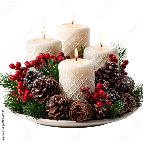 Festive Candle Arrangement With Pinecones and Berries for Holiday Decoration