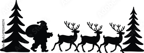 Santa Claus with reindeer and Christmas trees illustration