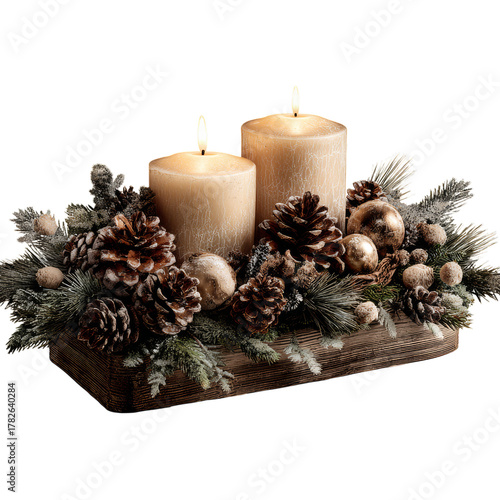 Warm Holiday Candle Arrangement With Pinecones and Greenery on a Wooden Base ...