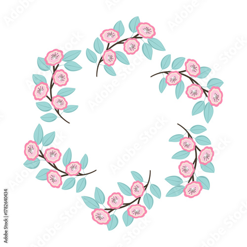 Elegant floral wreath with sakura. Cozy holiday decoration. Flat vector illustration.