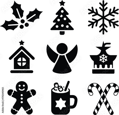 A collection of nine black and white Christmas-themed icons.