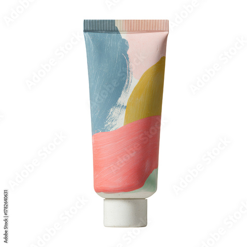 Natural Skin Cream in a Decorative Tube With Floral Design on a Pastel Backgr...