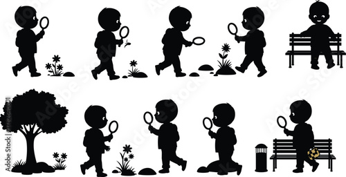 Child exploring nature silhouette, kid holding magnifying glass vector, outdoor discovery illustration, learning and curiosity concept, park scene design, black figure clipart, education art