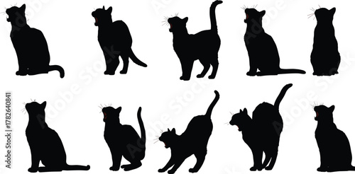 Cat silhouette collection, black cat poses vector, domestic pet illustration, feline behavior design, sitting and walking cats, animal shape art, cute pet outline clipart