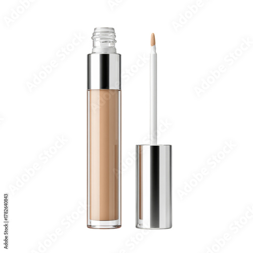 Liquid Foundation in a Clear Tube With a Brush Applicator Displayed on a Whit...