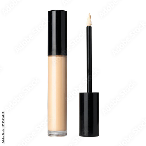Liquid Foundation in a Clear Tube With a Brush Applicator Displayed on a Whit...