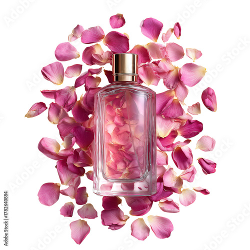 Beautiful Perfume Bottle Surrounded by Pink Rose Petals on White Background
