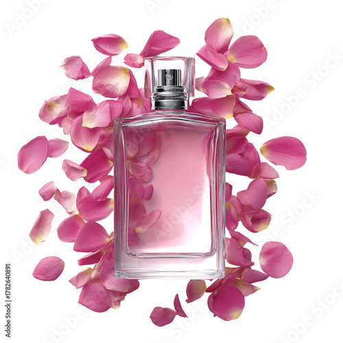 Elegant Perfume Bottle Surrounded by Fresh Pink Rose Petals on a White Backgr...