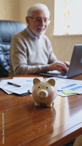 Vertical close-up of a piggy bank on a wooden desk with an out-of-focus senior man using a laptop in the background, symbolizing retirement planning and financial management.
