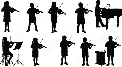 Children playing violin and piano, music class performance, young musicians silhouette, group recital, classical instruments, artistic education, teamwork, harmony, practice session**