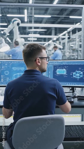 Vertical shot of a male engineer or CAD designer working on dual monitors displaying blueprints and car designs in a modern factory or manufacturing plant with robotic arms in the background.