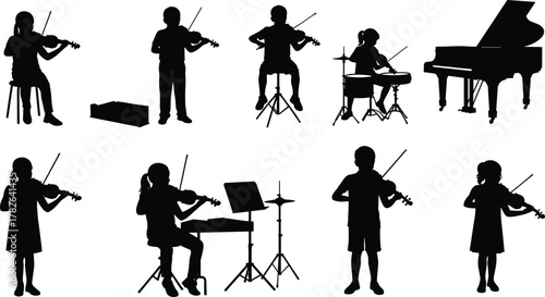 Children playing musical instruments, violin, cello, piano, drum set, music education, silhouette, performance, ensemble, classical, practice, youth orchestra, artistic, harmony, talent,