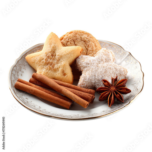 Festive Holiday Cookies Arranged on a Decorative Plate With Cinnamon Sticks a...
