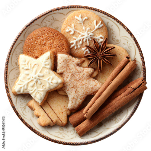 Festive Holiday Cookies Arranged on a Decorative Plate With Cinnamon Sticks a...