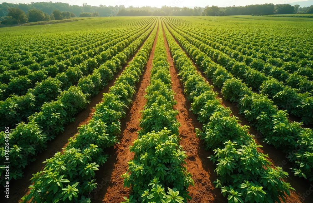Fototapeta premium Green farm field with rows of blackcurrant bushes under sunny summer sky. Agriculture landscape shows orderly crop cultivation in rural countryside. Natural plant growth pattern on fertile land.
