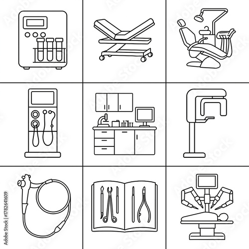 Medical equipment illustrations including dental and surgical tools  