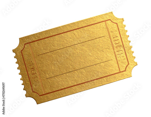 A golden, rectangular ticket with a scalloped edge and red lines against a black background